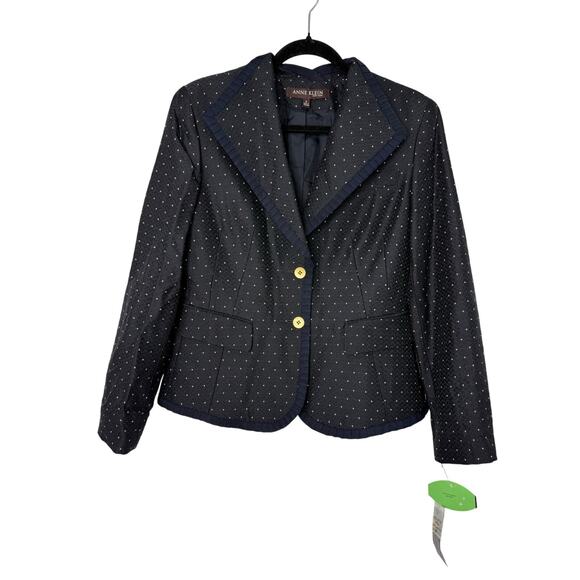 Anne Klein Wool Silk Blazer Navy Polka Dot Gold Button Sz 8 Dark Academia Preppy - Picture 1 of 12